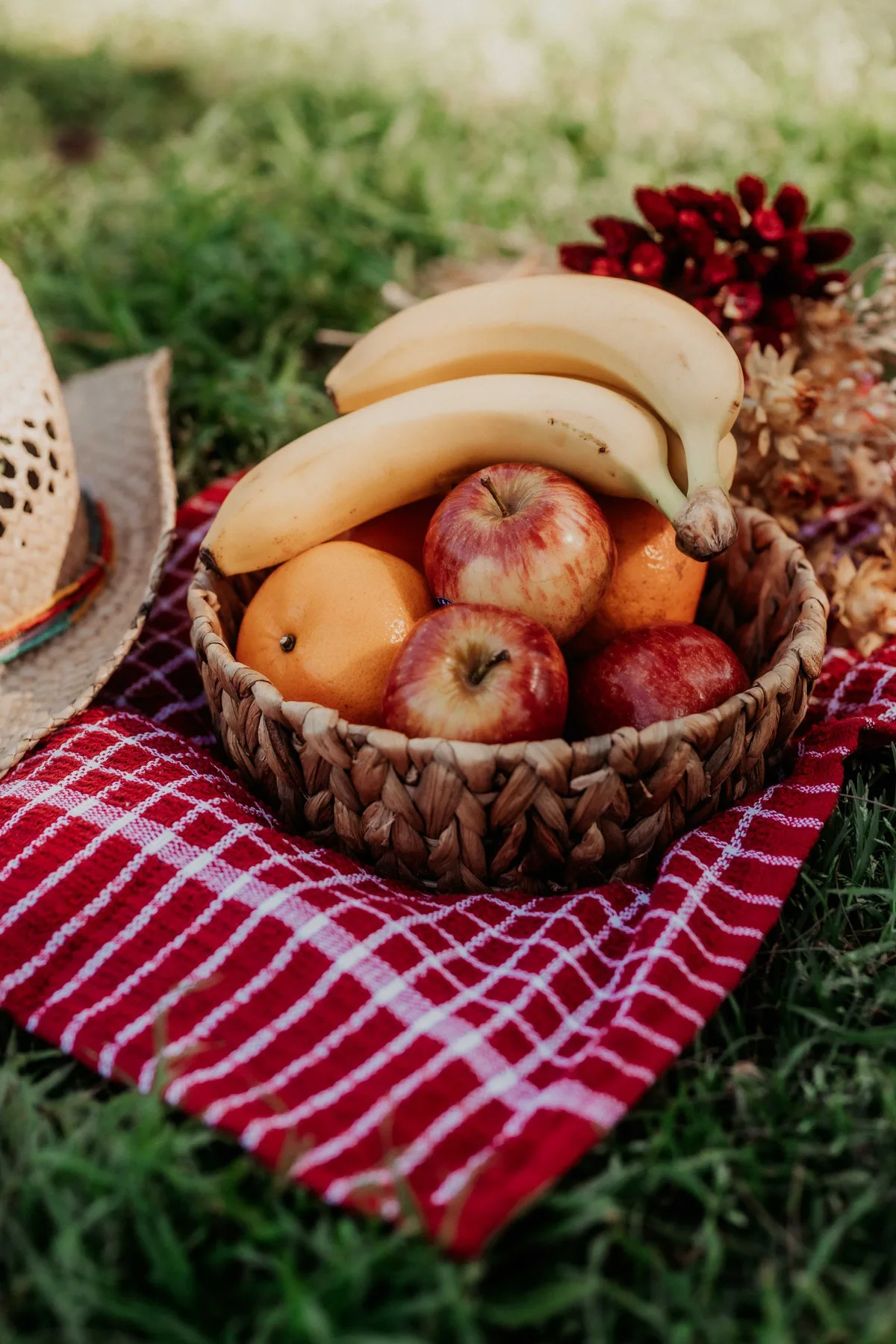 A woven basket with bananas, apples, oranges on a red picnic blanket, setting a cozy outdoor vibe.