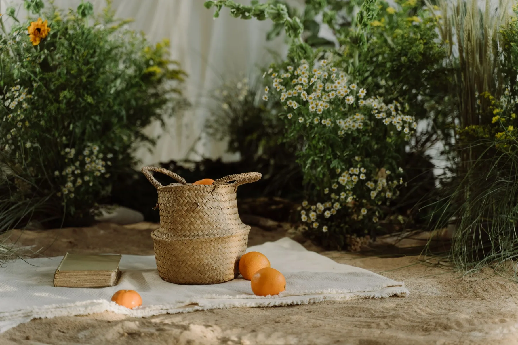 Relaxing picnic scene outdoors with a wicker basket and oranges on a blanket surrounded by greenery.